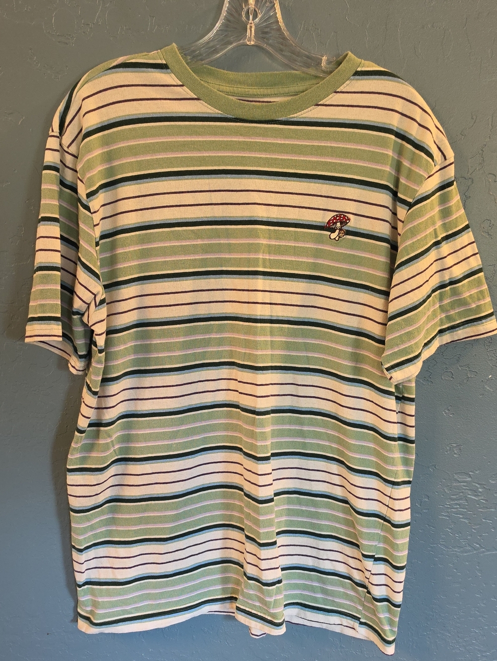 Green Striped Short-Sleeve Crewneck T-Shirt with Mushroom Patch